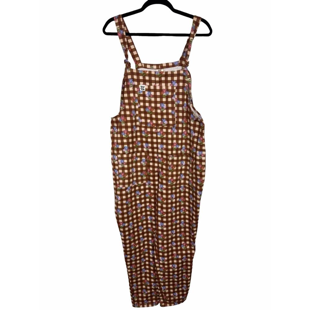 Lucy and Yak Women US 8R Brown Floral Gingham Cotton Twill Dungaree Overalls EUC